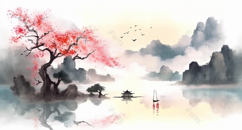 水墨风新中式水彩山水背景图,插画/手绘图,插画/手绘图库,插画/手绘图下载,插画/手绘
